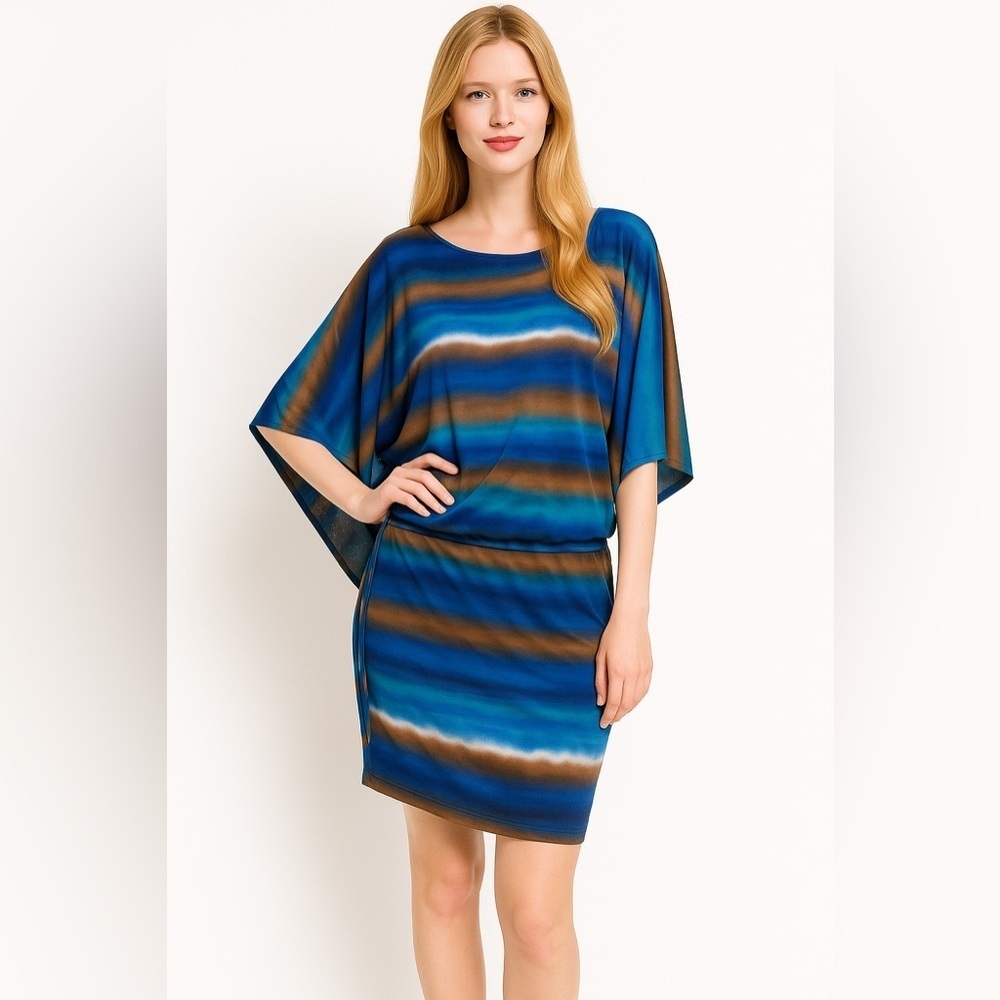 NWOT Abi Ferrin Blue and Brown Striped Drawstring Waist Relaxed Dress Size Large